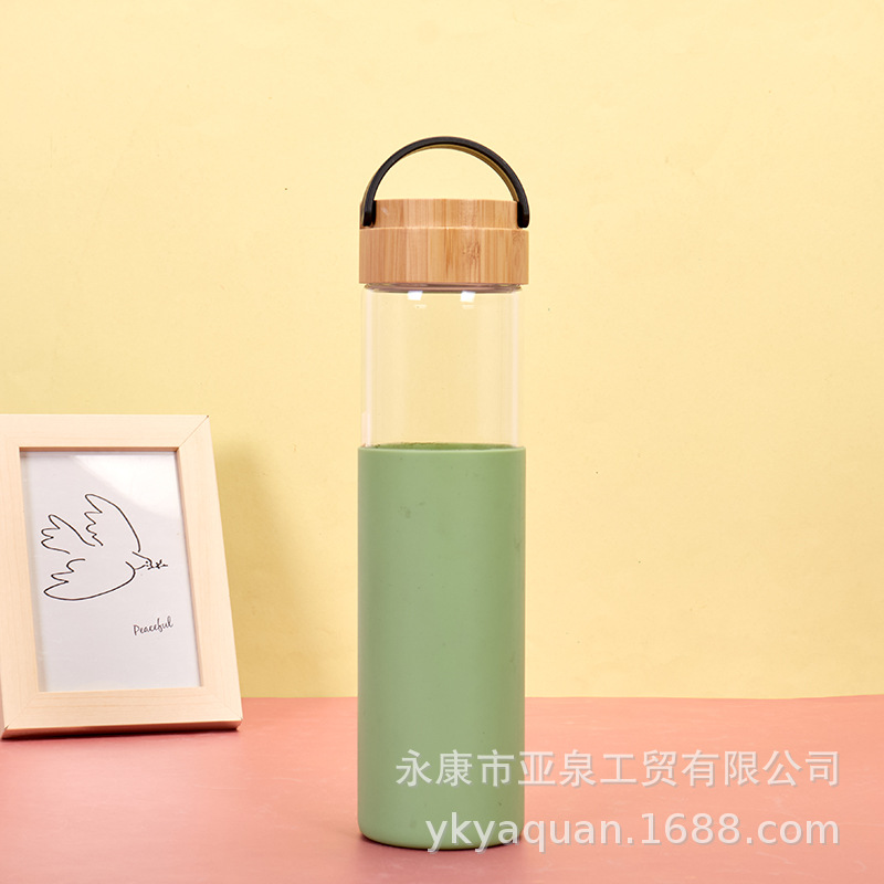 Cruz-frontera espesado vidrio borosilicato Flor de vidrio taza de té espiral de bambú cubierta de vidrio taza de agua con la cubierta de la taza de silicona