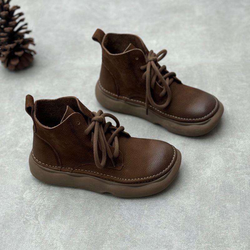 2025秋冬新作 レトロ風本革ショートブーツ ハンドメイド綿麻風ワイドトゥ紐付き一層牛革レディースブーツ