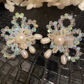 韩国甜美水晶淡水珍珠耳环夸张显瘦圆脸超闪立体花朵blingbling耳