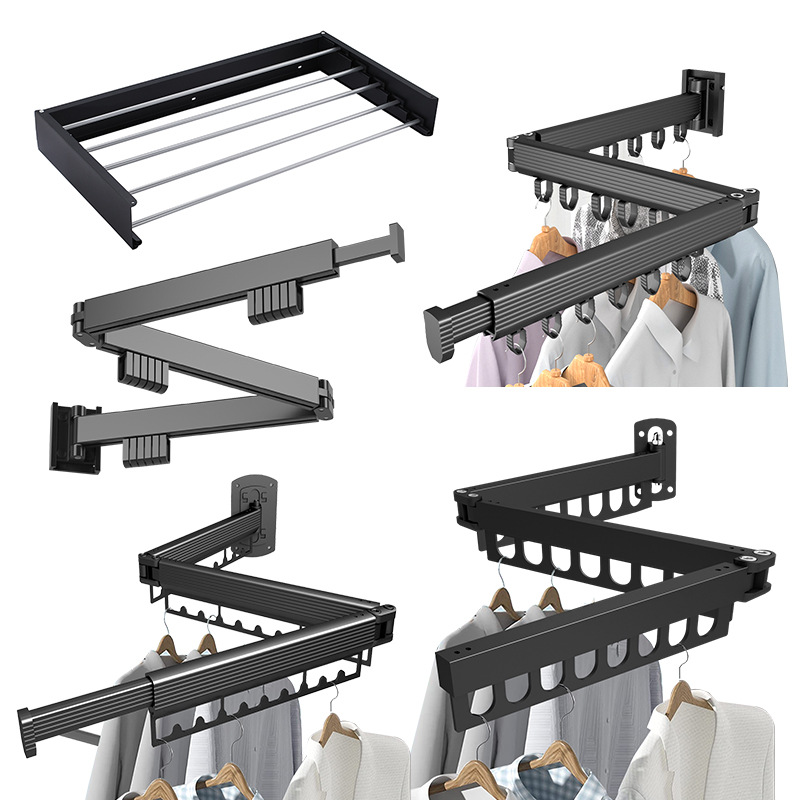 Transfronterizo espacio de aluminio plegable percha de ropa sin perforación doble balcón invisible percha de ropa retráctil colgada en la pared barra de ropa