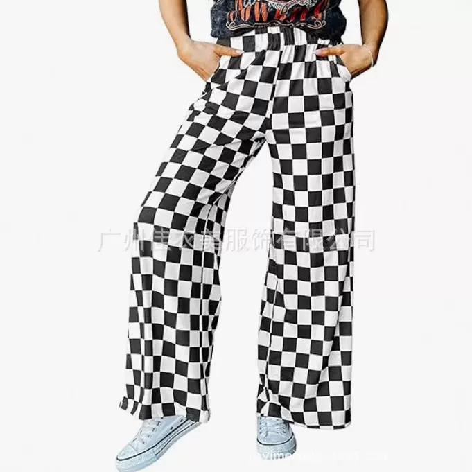 亚马逊棋盘格印花休闲裤女2025欧美个性小众宽松高腰阔腿长裤女