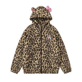 唐沐潮人2024冬季新款复古豹纹立耳羊羔毛连帽外套情侣宽松棉服