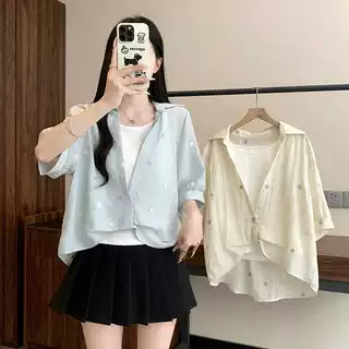实拍2026夏新款胖mm大码女装韩系吊带背心刺绣小花短袖衬衫两件套