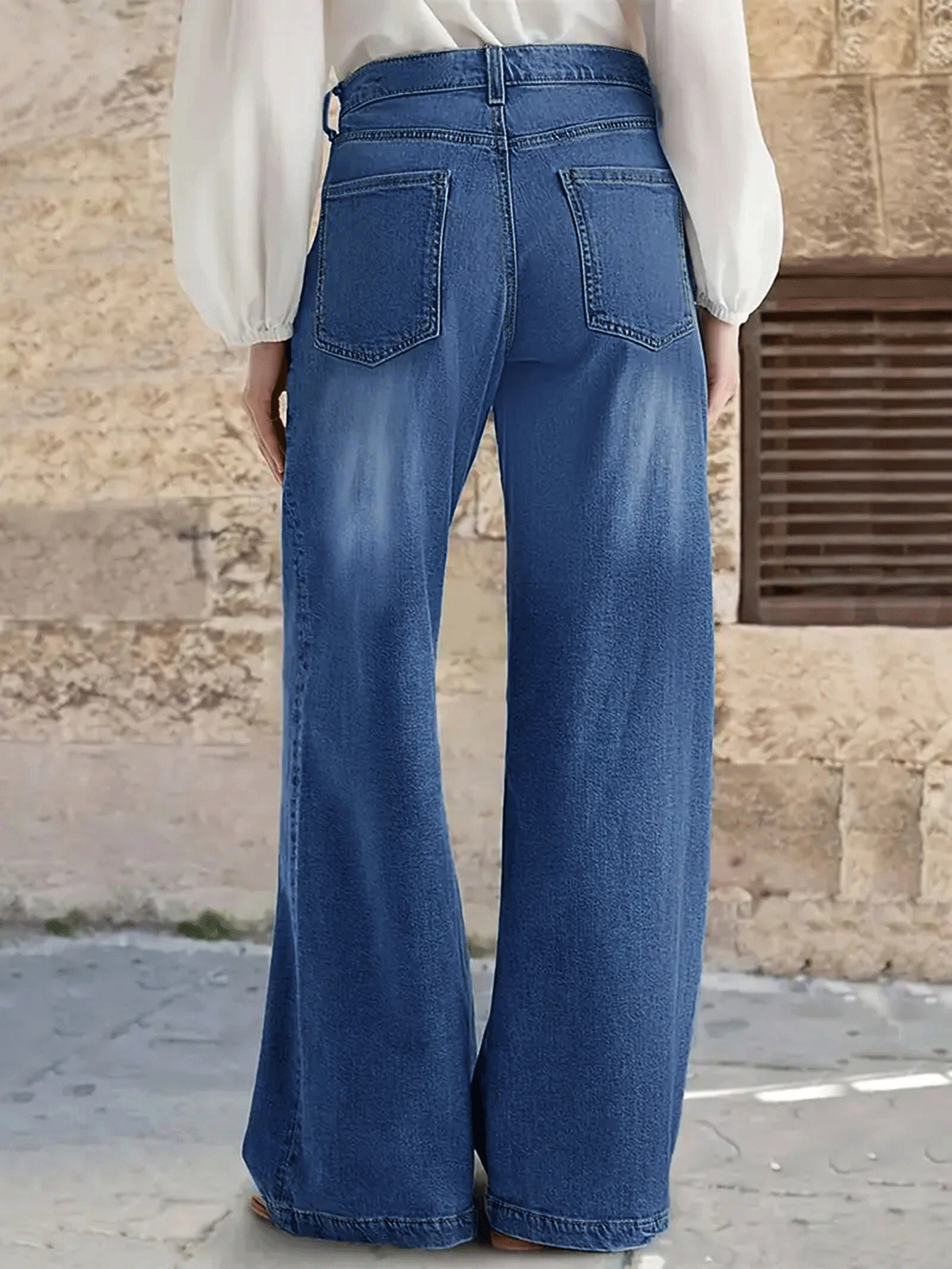 Dam wide leg jeans retro stil med hög midja och lös passform_voghion.com