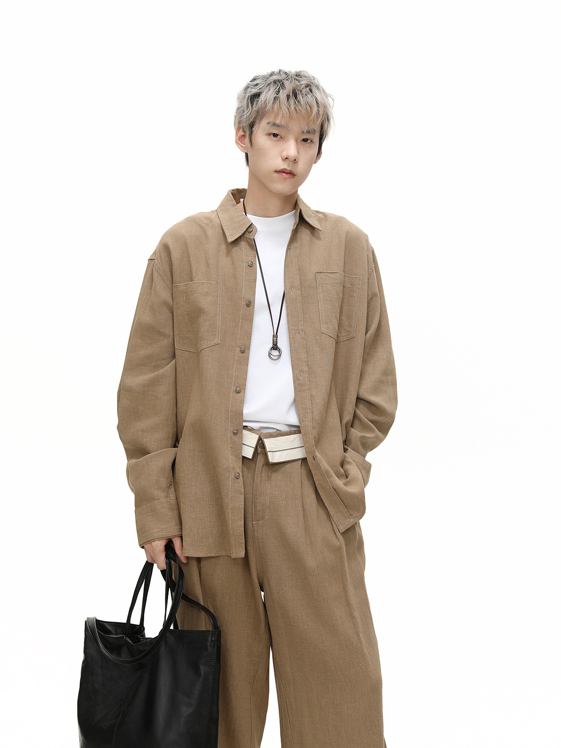 MTLCLOTHES Hombres| Coreano minimalista básico camisa de ramie de color sólido pantalones casuales con traje de viaje universal