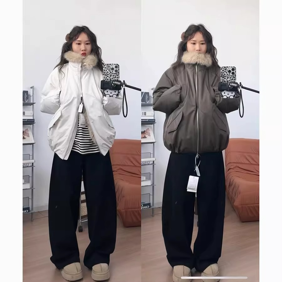 25冬复古环保皮草派克服拼接花苞毛领羽绒服女下摆抽褶花苞设计潮
