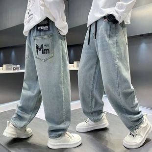 Boys' Jeans Spring and Autumn New Style for Older Children, Spring Casual Long Pants, Children's Straight-Leg Pants, Stylish and Loose