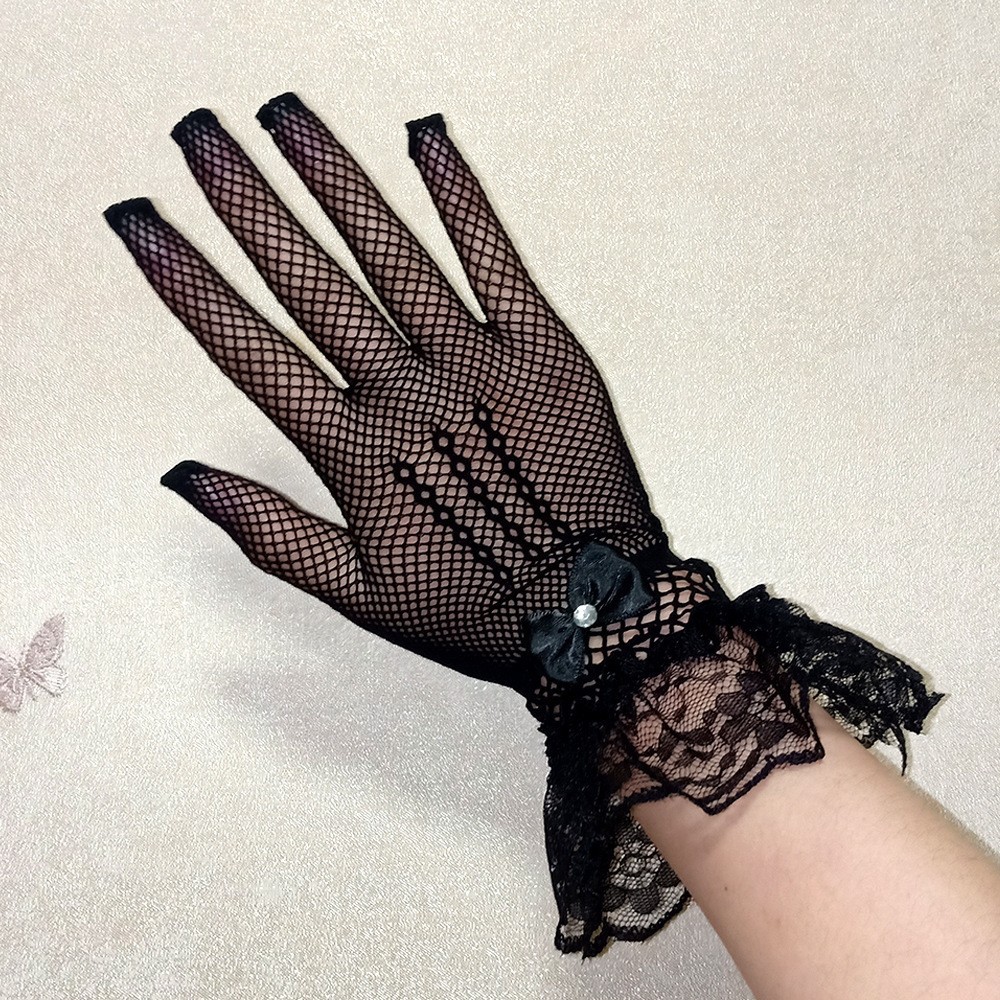 Black Lace Airplane Gloves for Women, Hollow Elastic Performance Gloves — detail image 2