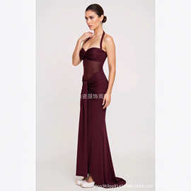 欧美大衣性感女装跨境亚马逊新款深V领纯色开叉露腿Dress