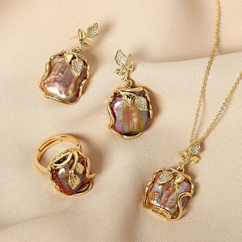 Purple set from pearl, earrings, 3 piece set, silver 925 sample