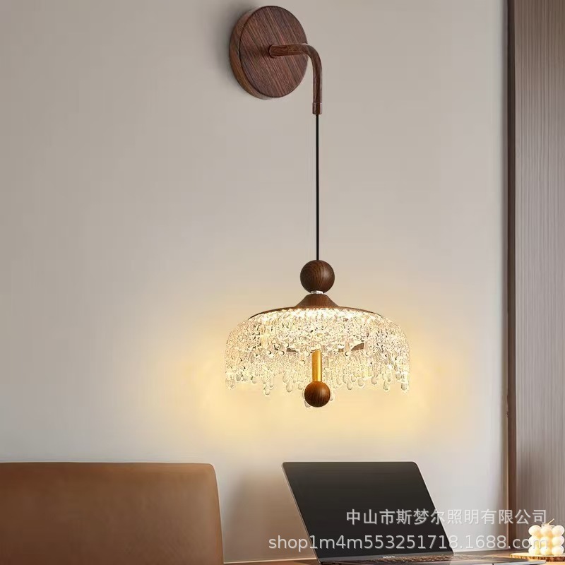 中古水滴复古胡桃木色过道灯轻奢升降餐厅吊灯法式简约床头小吊灯|undefined