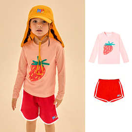 UPF50防晒女童长袖泳衣套装2026夏季可爱草莓印花小女孩玩水泳装