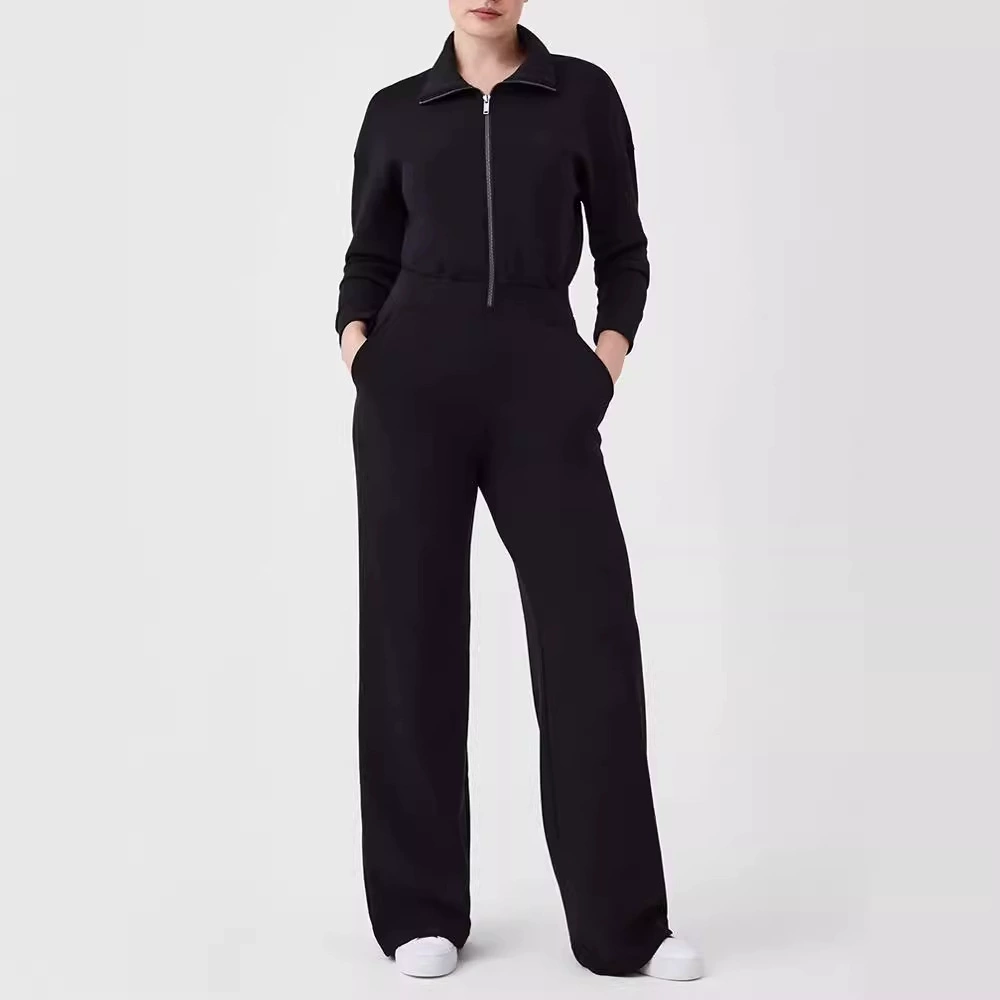 Европейская и американская трансграничная 2024 независимая станция новый длинный рукав широкие ножки комбинезон молния с отворотом свитера костюм женский