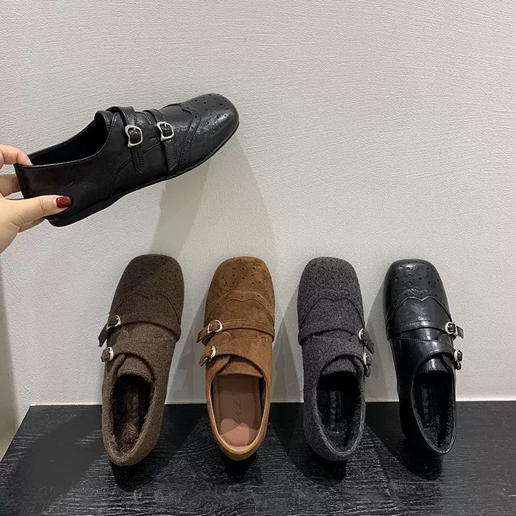 内增高复古灰色呢子毛毛鞋女秋冬季新款单鞋加绒乐福鞋保暖小皮鞋