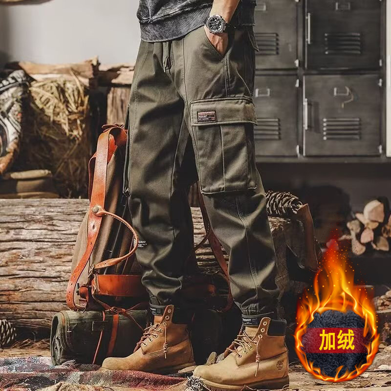 Multi-pocket overalls men's autumn and winter fleece-lined new American fashion brand loose casual pants Men's Fashion Ankle-tied pants