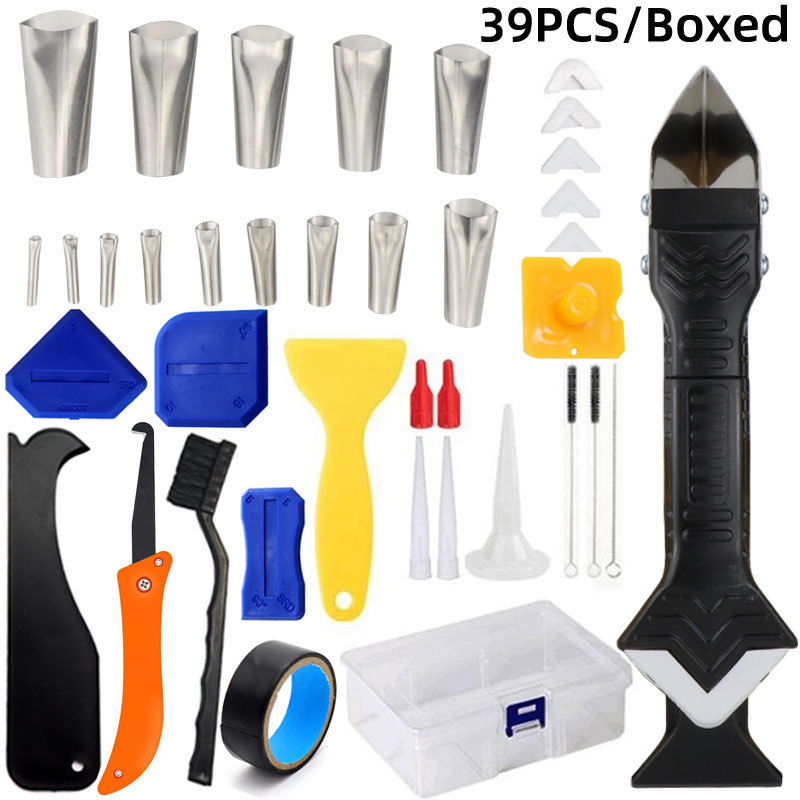 跨境盒装39件套3合1金属头填缝工具不锈钢喷嘴密封美缝勾刀刮胶器