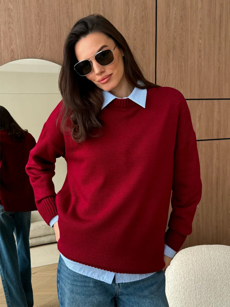 Suéter de cuello redondo transfronterizo Europa y los Estados Unidos 2025 otoño y invierno bifurcado camiseta de punto de color sólido universal cálido suéter casual mujer image 6