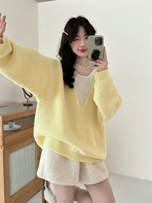 假两件套头毛衣女秋冬新款跨境大码韩系宽松慵懒风v领针织衫上衣|undefined