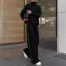 现货亚马逊 eBay 独立站爆款欧美跨境春秋条纹设计感黑色休闲套装