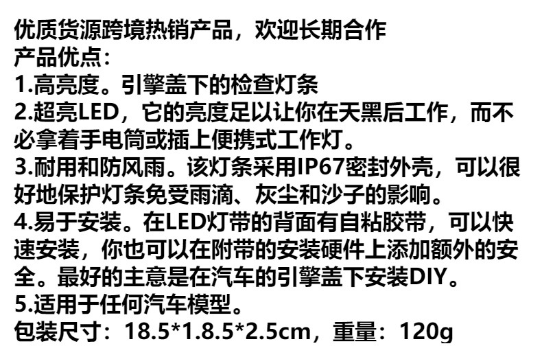 Cross-Border Supply 12V Car Hood Lighting Lamp Emergency Inspection Lamp Hood Light Led Car Decorative Light