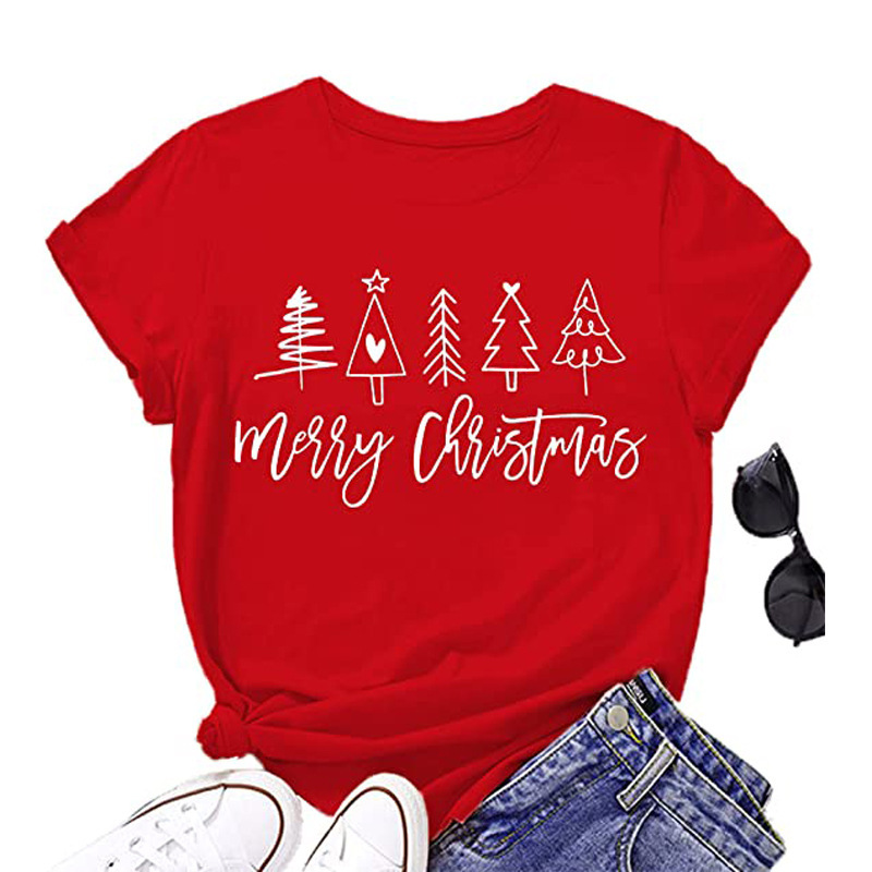 2022 Cross-border European and American Women's New Top Christmas Tree Letter Printed Round Neck Short-sleeved T-shirt for Women 2022 Cross-border European and American Women's New Top Christmas Tree Letter Printed Round Neck Short-sleeved T-shirt for Women