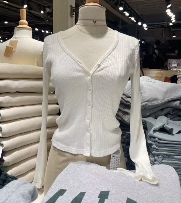 Bm Style American Retro Vertical Stripesd Ribbed Button White V Neck Long-Sleeved Cardigan Bm Slim Top