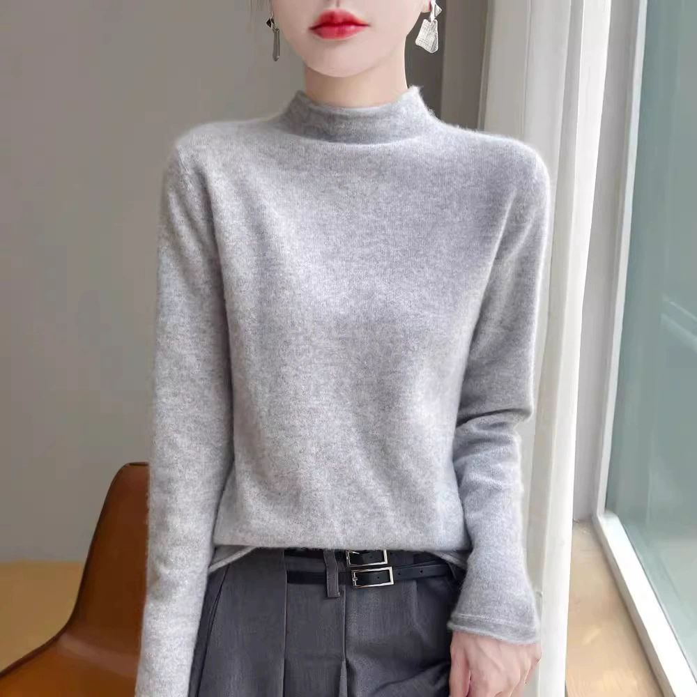 Женский свитер из чистой шерсти с воротником-стойкой и рулонным краем для осени и зимы, универсальный пуловер с длинными рукавами, базовая трикотажная рубашка, повседневный и простой свитер.