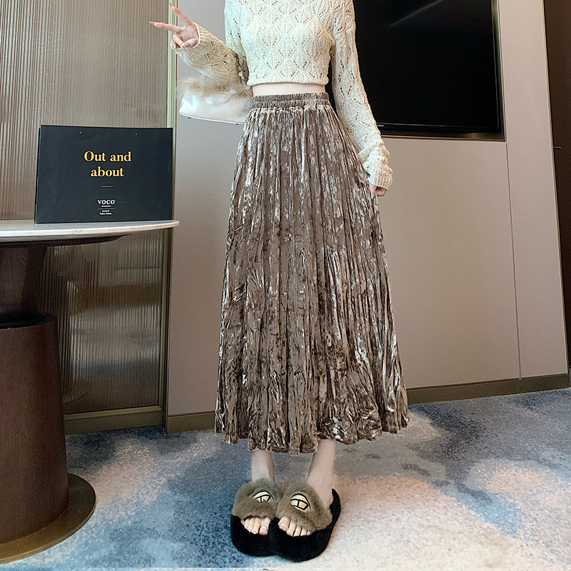 厚手の金のベルベットの半身のスカートの女性の秋冬の小さい背の中の長いタイプは腰を緩めてやせているしわのa字の百の傘のスカートを現します。|undefined
