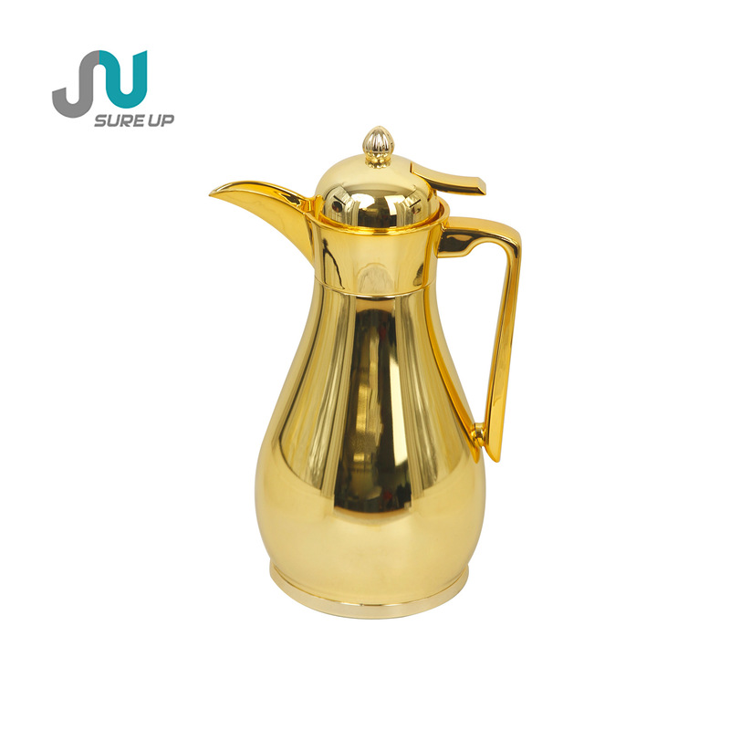 Arabian Luxury Gold Dala-Like Metal Outer Body Pink Glass Lining Coffee Pot with Back Press Set
