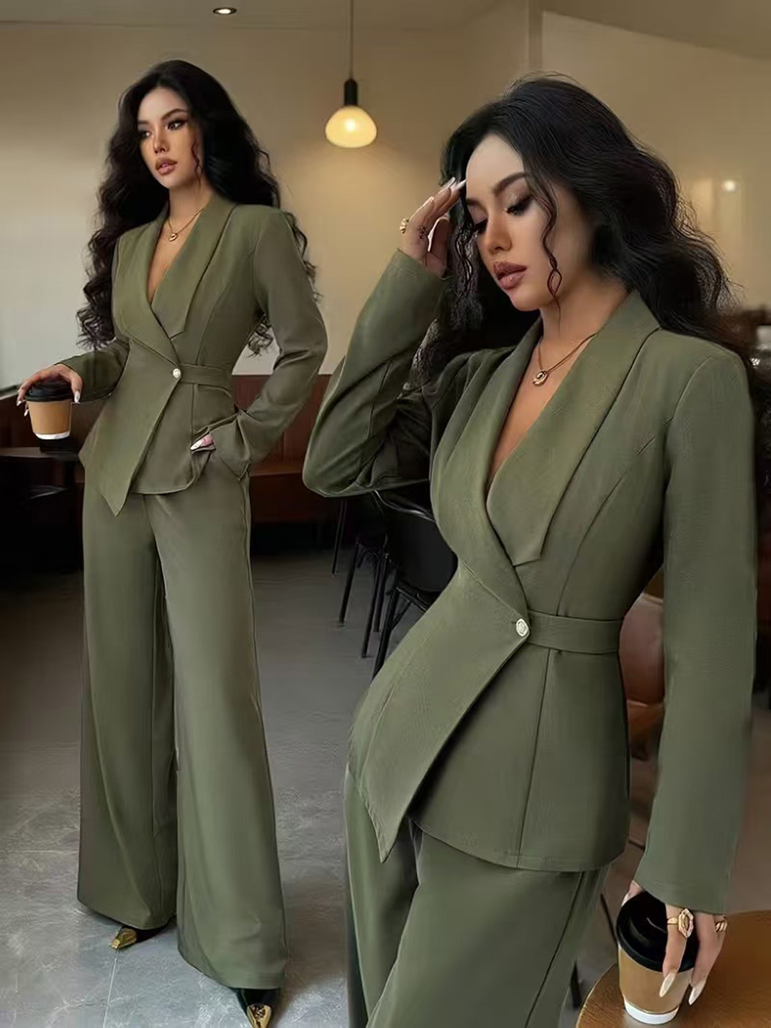 Qadın V-yaxalı blazer və geniş şalvar ikili dəst