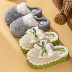 New Style Cotton Slippers for Women with Bowknot, Soft Sole Home Leisure Plush Warm Cotton Slippers for Men and Couples Indoor Fluffy Slippers