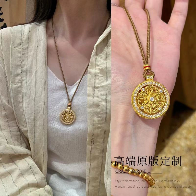 Wei Xue's Diamond-encrusted Eight Treasures Compasses Necklace Round Pendant Rope-braided Light Luxury Gold Long Woolen Chain Accessories