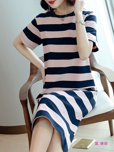 Striped Dress 2025 Summer Korean Style Loose and Slimming Medium Length Knee-Length Short Sleeve Top for Women