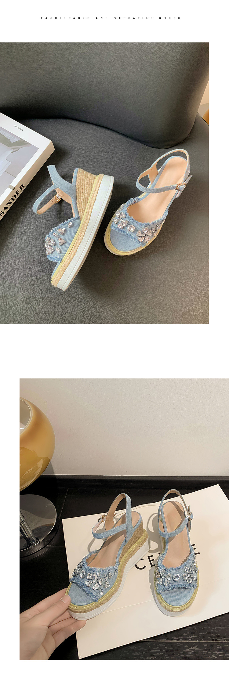 Sandal cao gót nữ đế xuồng mũi hở, quai ngang đính đá, chất liệu denim phối đế cói — Cao bồi xanh chi tiết 11