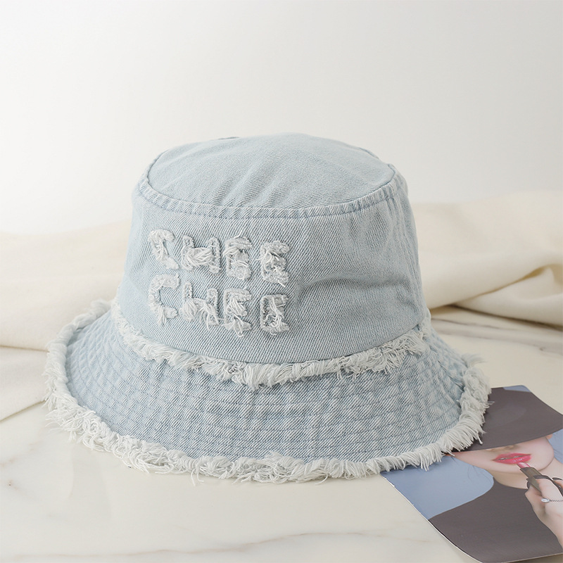 Frayed Edge Women's Denim Bucket Hat With Logo For Outdoor Hiking_voghion.com