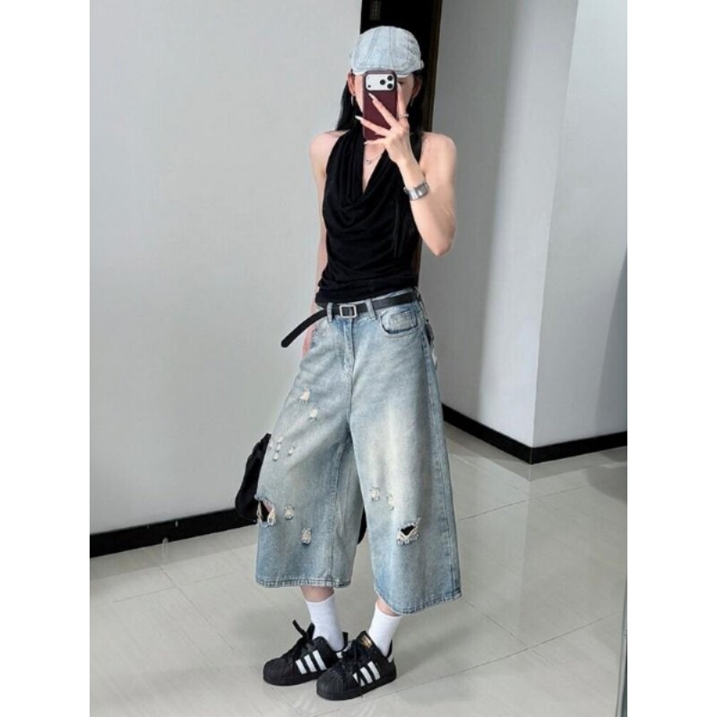American Street Style Ripped Design Loose Washed Wide-Leg Pants for Women 2026 Summer High-Waisted Slimming Cropped Jeans
