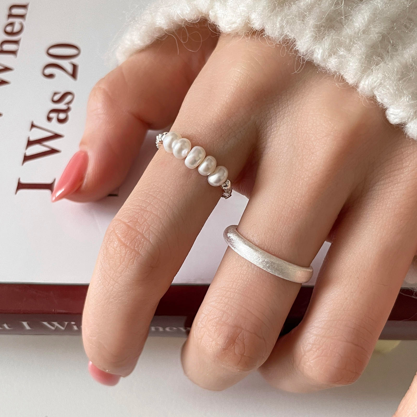 Pearl Broken Silver Ring Adjustable Brushed Minimalist Design_voghion.com