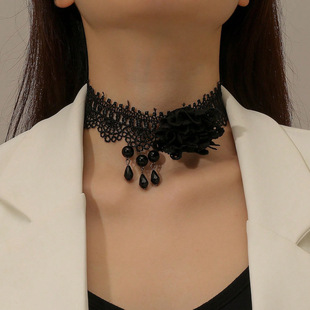 New Cross Border Fashion Black Lace Flower Collar Tassel Pendant Halloween Short Necklace Neck Chain