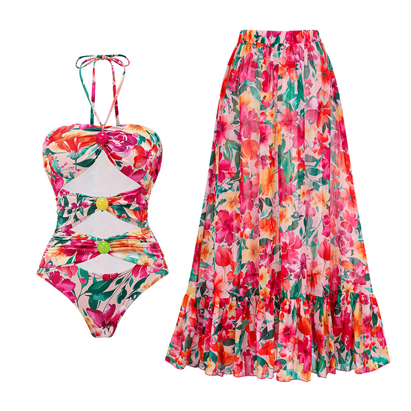 Short Top Length Women's Vacation Flower 2 Pieces Set One Piece Swimwear
