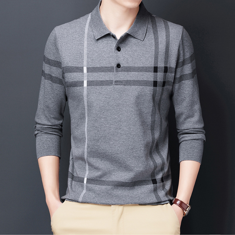 Spring Long-Sleeve Pure Cotton T-Shirt for Men, Striped Base Layer Top, Loose Casual Turn-Down Collar All-Cotton T-Shirt, Middle-Aged Men's American Style