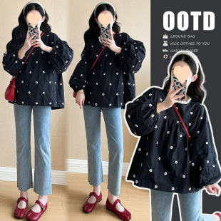 Maternity Wear Spring Fashion Tops New Korean Style Loose Baby Doll Shirt Embroidered Shirt Maternity Tops Outer Tops