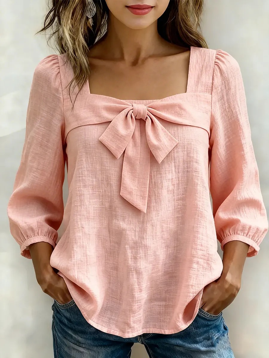 Women's Clothing Women's Style Square Neck Blouse Bow Tie Top Puff Sleeves Three Quarter Length Elegant Outfit_ecoleips.com