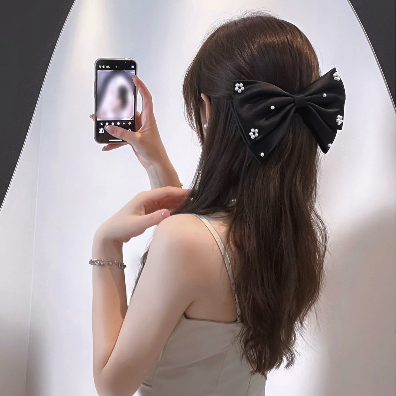 Bow Hairpin Silks and Satins Natural Freshwater Small Pearls Hand-Sewn Black Retro High-End Spring Clip