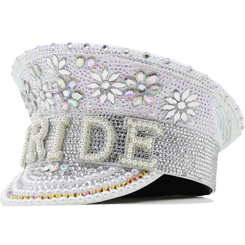 Stage Occasion Leather Material Women's Fashion Letter Rhinestone Curved Eaves Military Hat