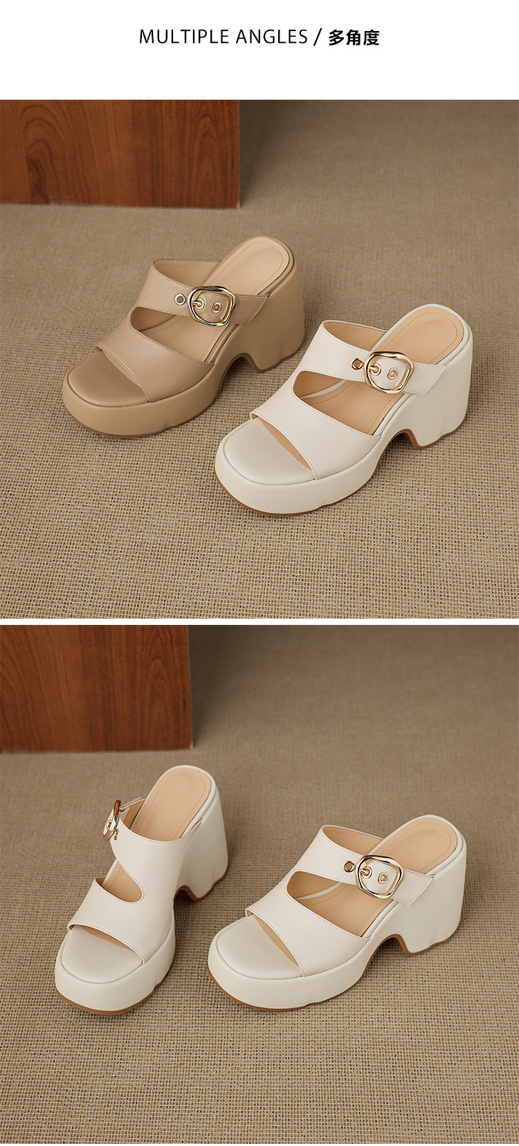 Dép sandal nữ đế xuồng cao 10cm da thật quai khóa mũi hở mùa hè — màu trắng ngà, màu mơ chi tiết 12