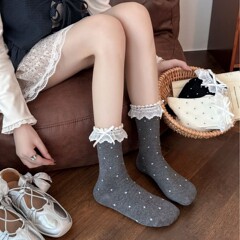 精梳棉韩系波点堆堆袜甜美蕾丝花边ins风拼色芭蕾风蝴蝶结中筒袜