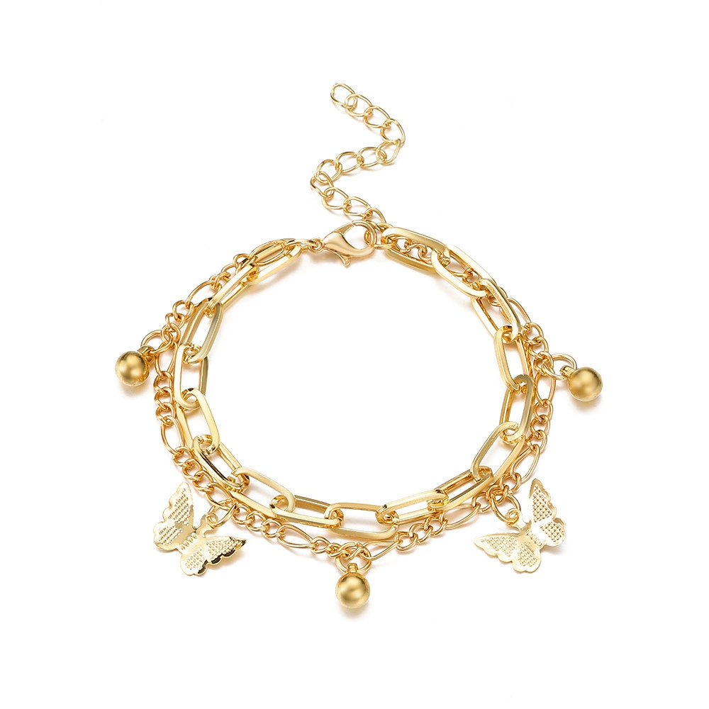 Beach multilayer ankle bracelet heart shaped, small bell with butterfly, double-layer summer chain, accessory, new collection