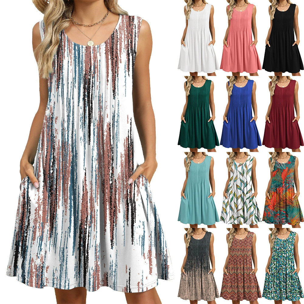 Amazon Европа и США трансграничная внешняя торговля 2025 весна и лето новый печатный жилет свободный карман платье женское место