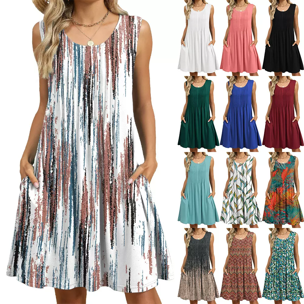 亚马逊欧美跨境外贸2025春夏新款印花背心宽松口袋连衣裙女现货