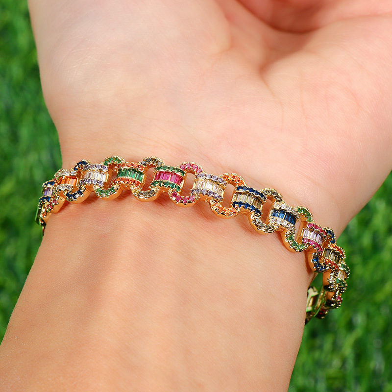 Retro Color Block Copper Inlaid Zircon Bangle